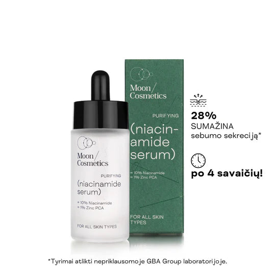 Niacinamido serumas porų mažinimui, 30 ml. daugiafunkcinis serumas su niacinamidu, cinko PCA ir hialurono rūgštimi, pH 5,0-5,5
