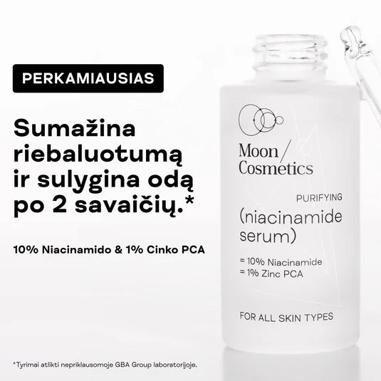 Niacinamido serumas porų mažinimui, 30 ml. daugiafunkcinis serumas su niacinamidu, cinko PCA ir hialurono rūgštimi, pH 5,0-5,5
