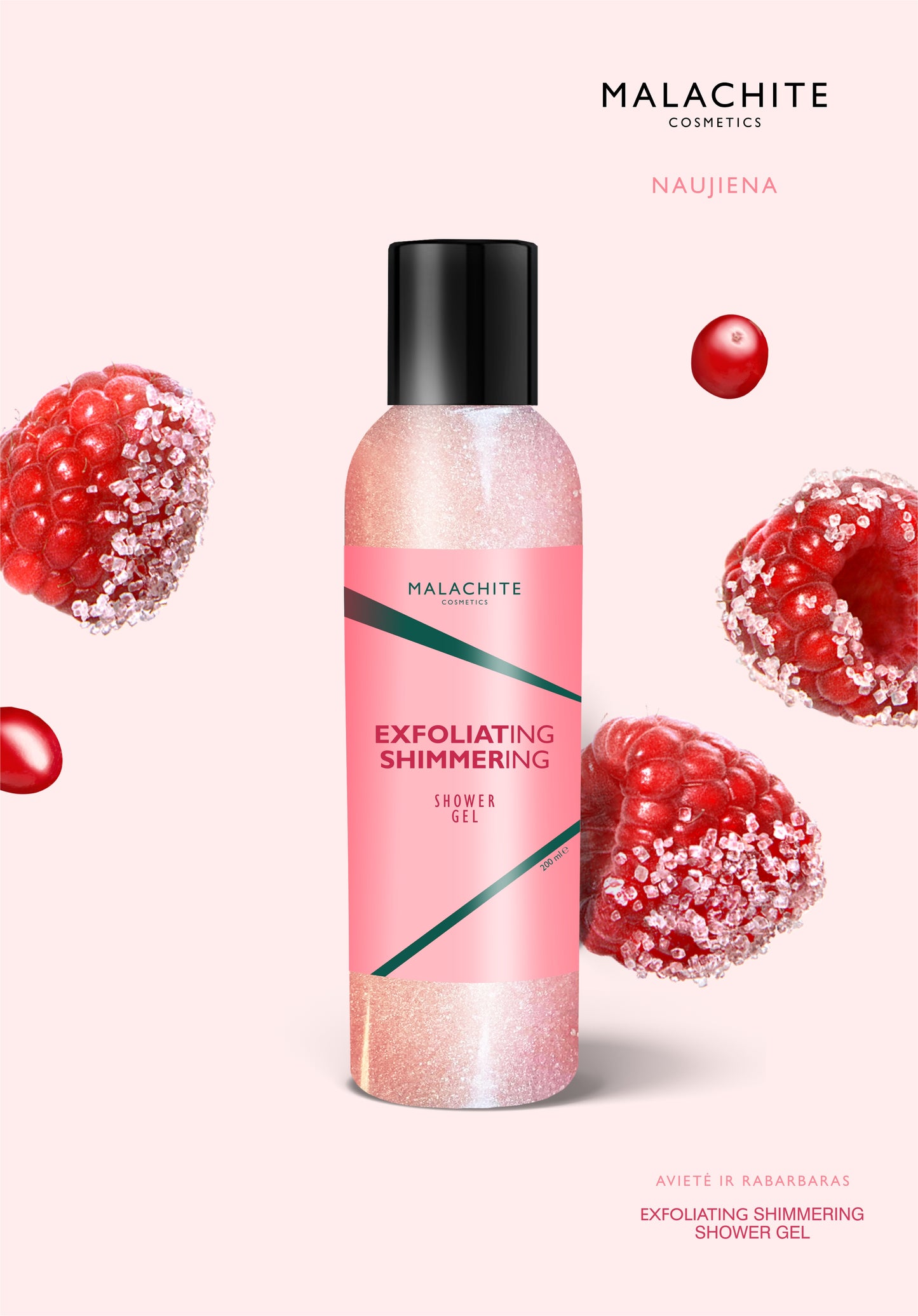 Šveičiamasis dušo gelis MALACHITE COSMETICS, 200 ml (brokuotas produktas - be šveičiamųjų dalelių)