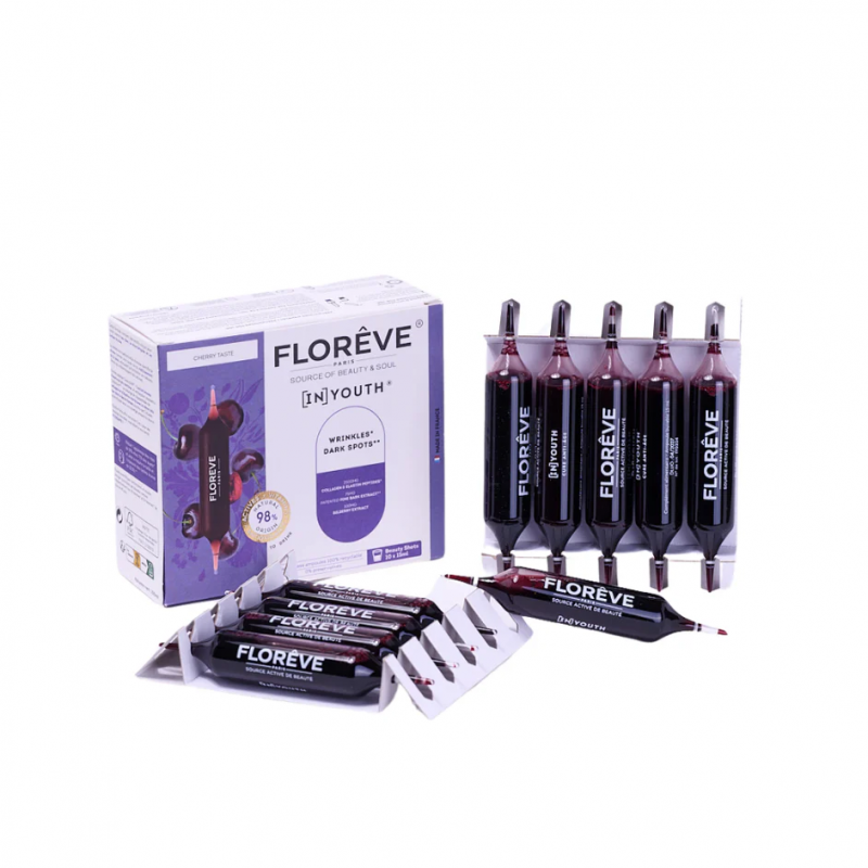 FLOREVE (IN) YOUTH – jūrinio kolageno maisto papildas su vitaminu C, vitaminu E, cinku ir augaliniais ekstraktais