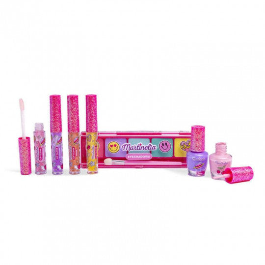 MARTINELIA rinkinys vaikams Supergirl Power Shine (4 lūpų blizgesiai, akių šešėlių paletė, 2 nagų lakai)